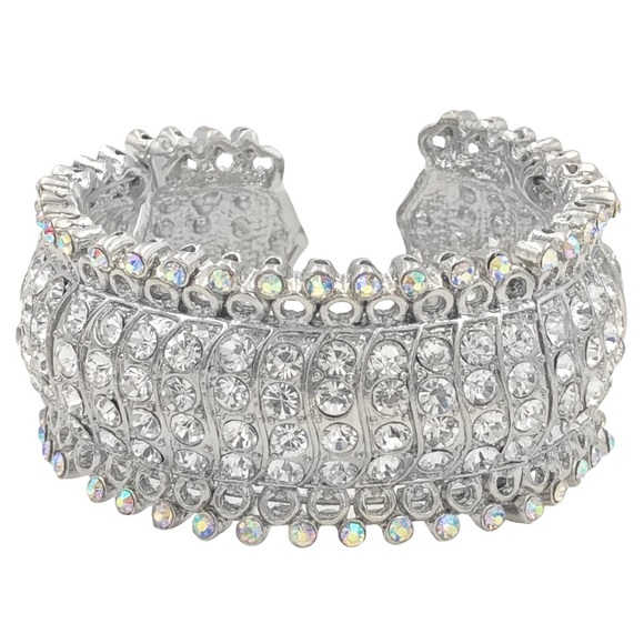 Clear Rhinestone Silver Chunky Statement Wide Large Cuff Bangle Bracelet - Picture 1 of 3
